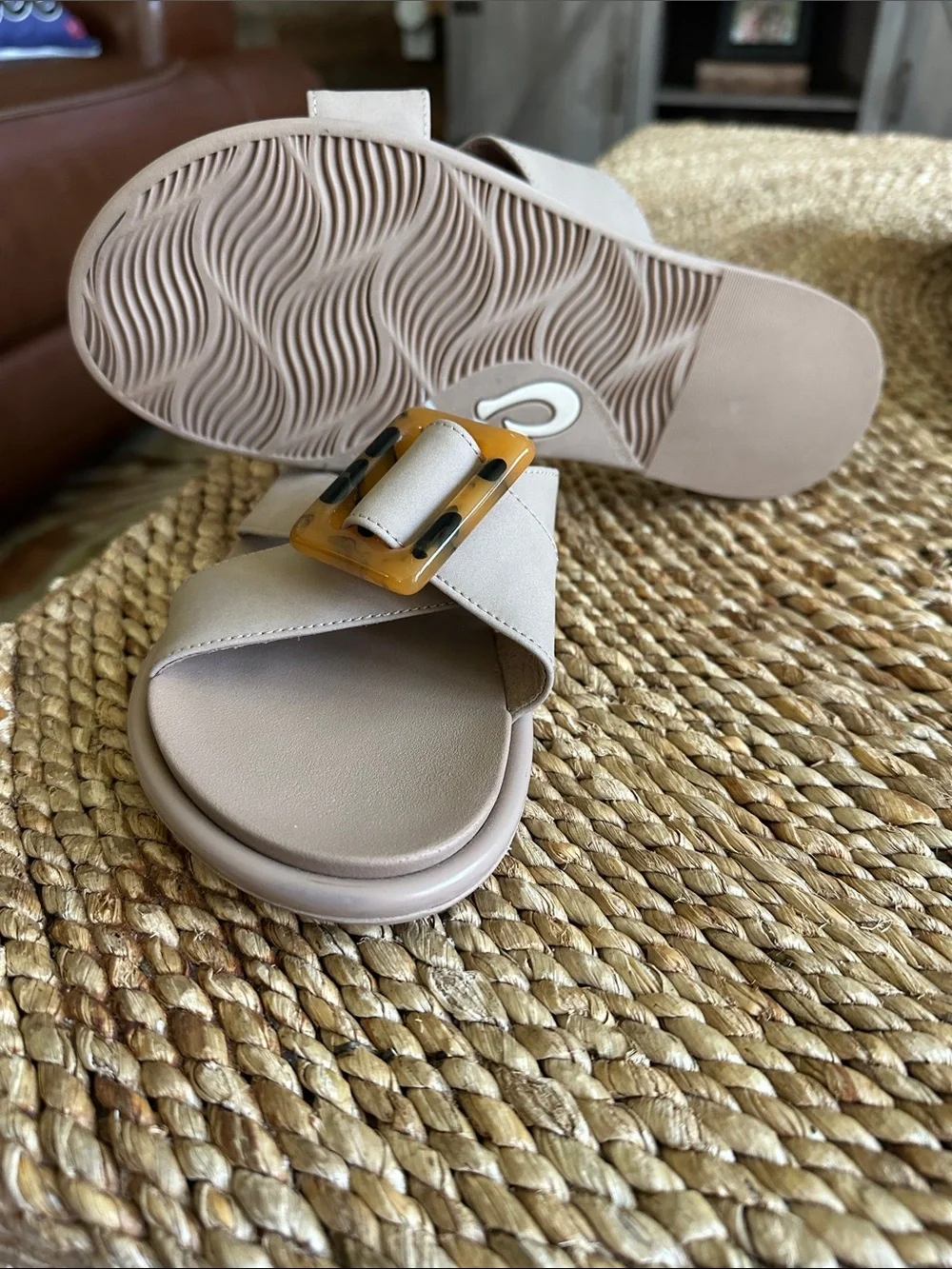 OluKai Neutral Beige Slide Sandals with Tortoiseshell Accent